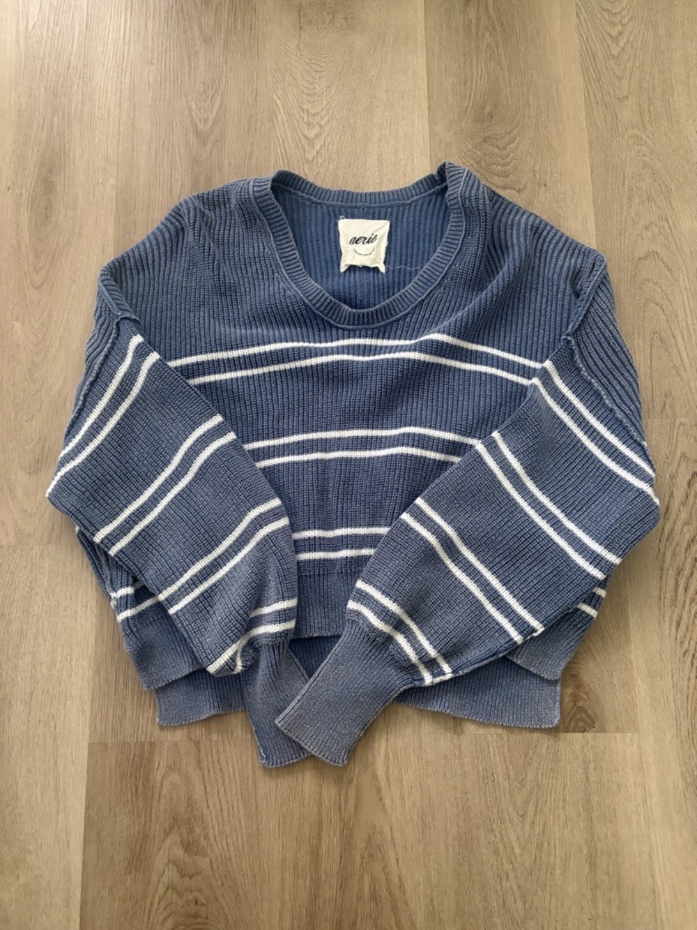 NWOT aerie Navy Blue and White Stripe Crewneck Everyday Cropped Sweater